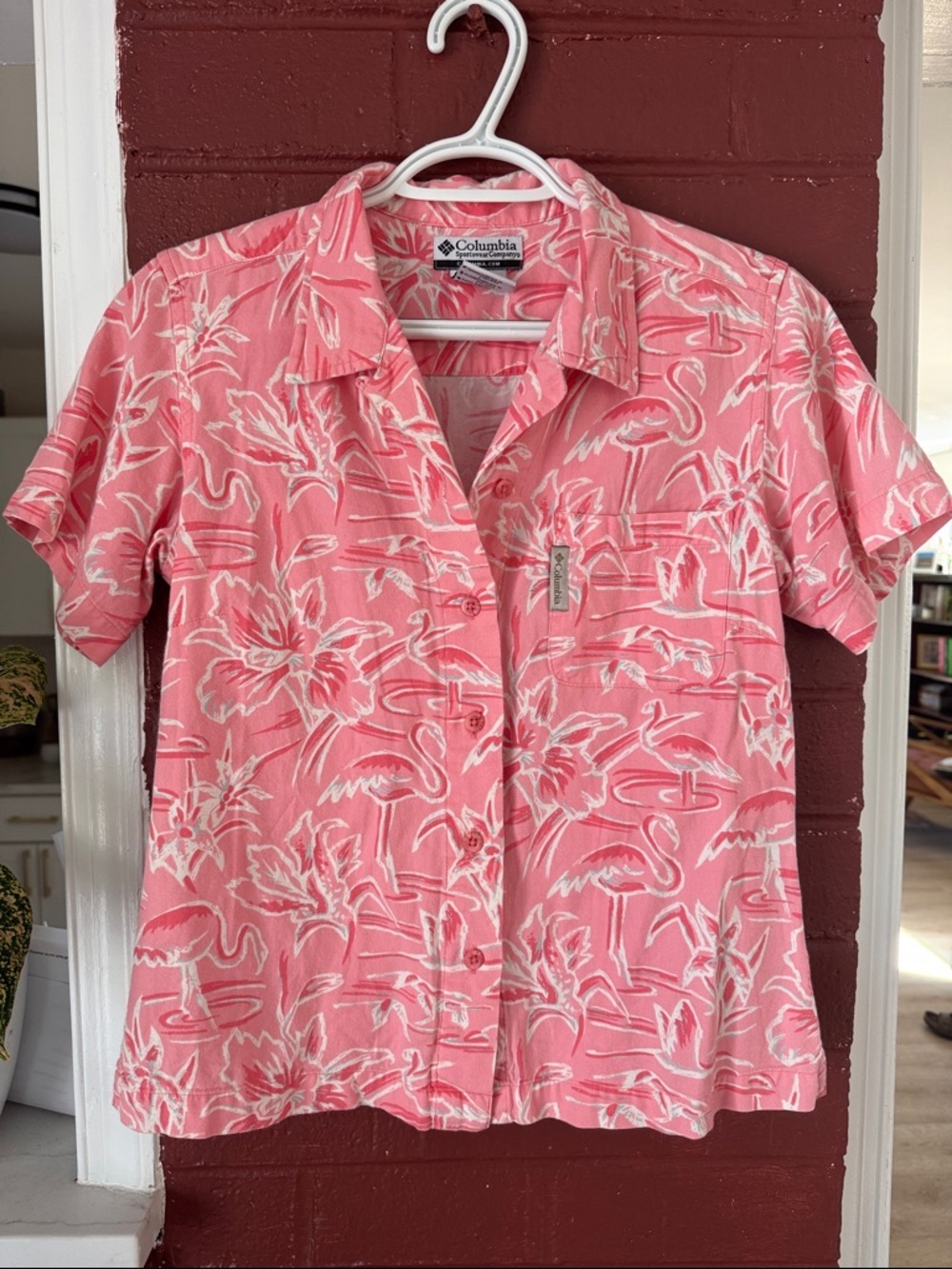 Columbia Coral and White Flamingo Print Button-Up Shirt